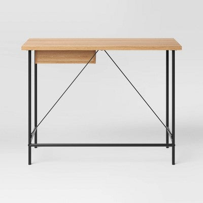 Wood and Metal Writing Desk with Storage Natural Laminate - Room Essentials: Sturdy Home Office Furniture with Open Shelf (LOCAL PICKUP ONLY)