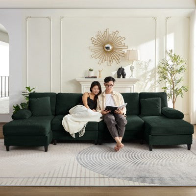 Mjkone 112" U Shaped Sectional Couches, Corduroy Sectional Sofa with Double Chaises and Sleepable Armrests, Large 4 Seater Sofa,Green (LOCAL PICKUP ONLY)