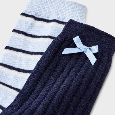 Women's Pointelle with Bow & Striped 2pk Mid Crew Socks - Wild Fable Navy/Blue/Ivory 4-10