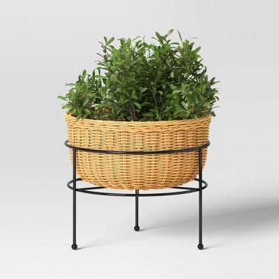 Small Wicker/Metal Indoor Outdoor Plant Stand Black/Cream 12.12"x12.12"x10.63" - Threshold designed with Studio McGee