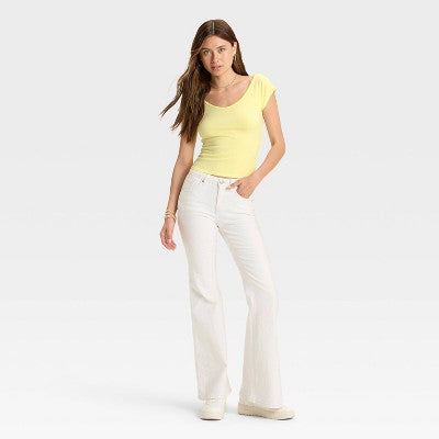 Women's Short Sleeve Double V-Neck Ribbed T-Shirt Lemon Yellow XL