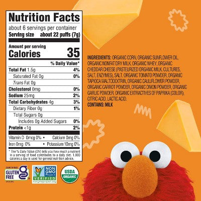 Earth's Best Organic Veggie Cheddar Puffs Baby & Toddler Snacks Sesame Street - 1.55oz