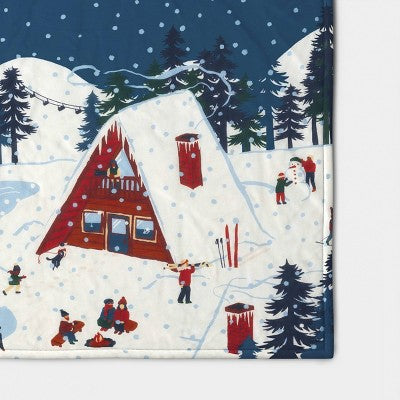 Snow Scene Quilted Jersey Throw Blanket with Faux Shearling Reverse Blue - Room Essentials