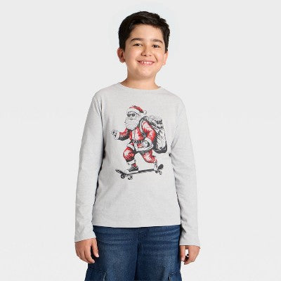 Boys' Long Sleeve 'Skateboarding Santa' Graphic T-Shirt M