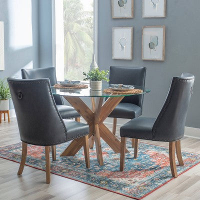 Axbridge Nailhead Trim Side Chair Faux Leather Navy - Powell: Elegant Dining Chairs, Set of 2, Birchwood Legs (LOCAL PICKUP ONLY)