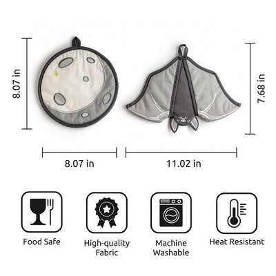Ototo Batlicious Oven Mitt and Moon Trivet Cotton and Polyester Fabric Kitchen Gadgets for Halloween Gifts Black/Gray
