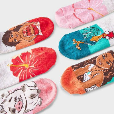 Girls' No Show Socks Moana - M/L: Disney, 6-Pack, Lightweight Knit, Polyester & Spandex