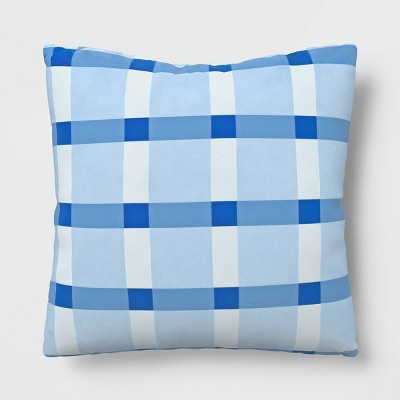 17"x17" Plaid Reversible Square Outdoor Pillow Blue - Room Essentials