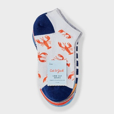 Boys' 7pk Lobster & Shark Striped No Show Socks - Cat & Jack Blue/Gray/White L