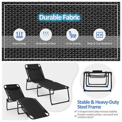 Costway Folding Lounge Chaise 16'' High Recline Chair W/Adjustable Backrest and Footrest Black (LOCAL PICKUP ONLY)