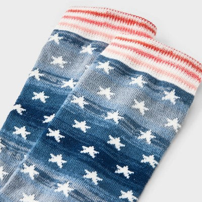 Women's Stars Crew Socks - Blue/Red 4-10: Recycled Polyester Blend, Lightweight Knit, Banded Cuff, Machine Washable