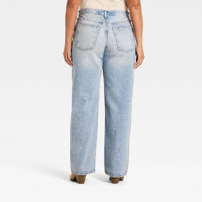 Women's Mid-Rise 90's Baggy Rhinestone Jeans Light Wash 4 (LOCAL PICKUP ONLY)