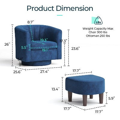 LINSY HOME Swivel Accent Chair Ottoman Set, Velvet Small Barrel Chair with Foot Rest Blue 27.4'' x 25.6'' x 26'' (LOCAL PICKUP ONLY)