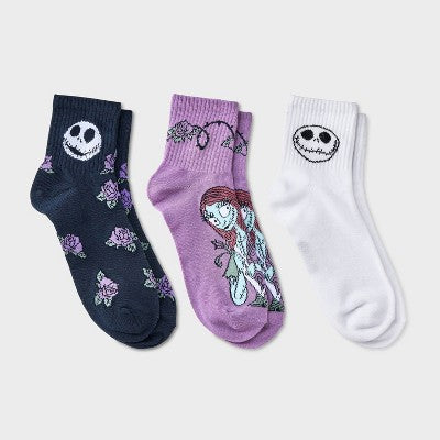Women's Nightmare Before Christmas 3pk Mid Crew Socks - Black/White/Purple 4-10
