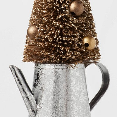 Metal Watering Can with Bottle Brush Tree Christmas Tree Ornament Silver/Brown - Wondershop