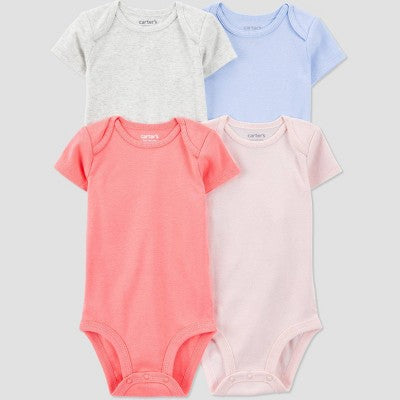 Carter's Just One You? Baby Girls' 4pk Shorts Solid Bodysuit - 3M: Cotton Blend, Lightweight, Crotch Snap, Crew Neck, Short Sleeve
