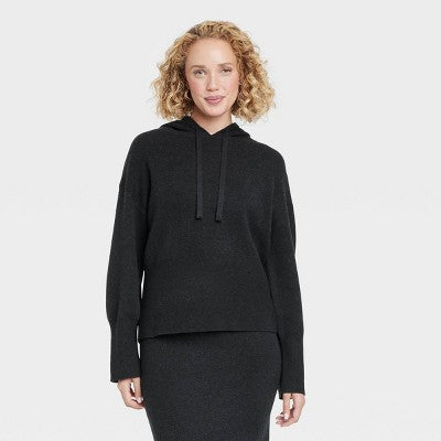 Women's Cozy Knit Hoodie Sweatshirt - A New Day Black L