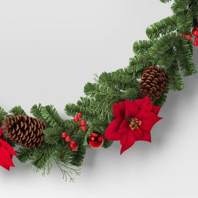 6' Cedar with Poinsettia Flowers and Pinecones Christmas Artificial Garland - Wondershop: Traditional Decor, Indoor/Sheltered Outdoor Use (LOCAL PICKUP ONLY)