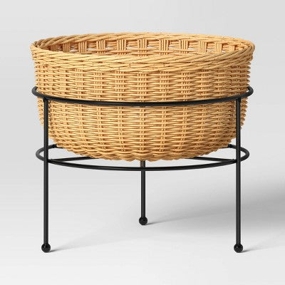 Small Wicker/Metal Indoor Outdoor Plant Stand Black/Cream 12.12"x12.12"x10.63" - Threshold designed with Studio McGee