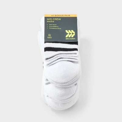 Women's Cushioned 6+1pk Mid Crew Athletic Socks - All In Motion Black Striped - 4-10