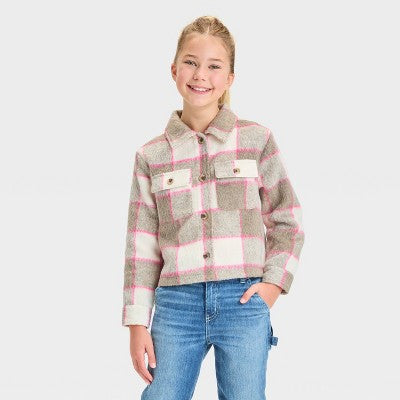 Girls' Cropped Plaid Shacket - Cat & Jack Brown M