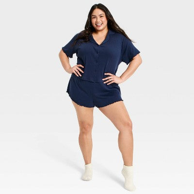 Women's Notch Collar Shirt & Shorts Pajama Set Wild Fable Blue 1X