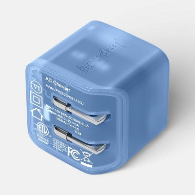 Dual Port 20W Translucent Jelly Wall Charger - heyday Peri-Blue: USB & USB-C Ports