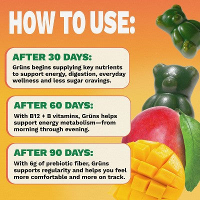 Gruns Adult Low Sugar Mango Superfoods Greens Gummies - 240g/12 Servings: Dietary Supplement, Gummy Form