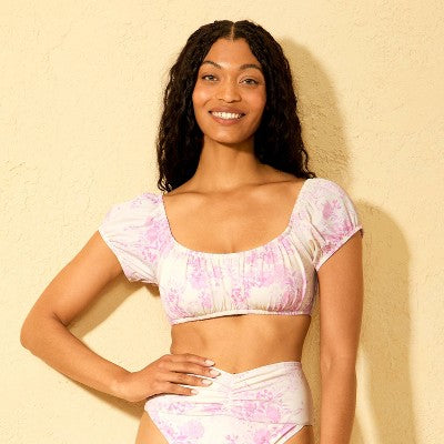 Women's Floral Print Bralette Bikini Top - Shade & Shore Pink L