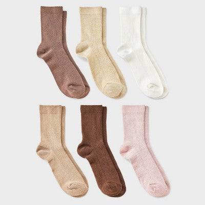 Women's Shimmer and Solid Fine Ribbed 6pk Crew Socks - A New Day Peach/Ivory/Brown 4-10: Recycled Polyester, Tagless, Smooth Toe Seams