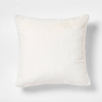 Faux Rabbit Fur Square Throw Pillow Cream - Threshold: Decorative Cushion for Indoor, Removable Cover, Zip Closure