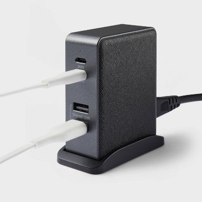 4 Port Charging Hub Vertical 2C + 2A - heyday Black Saffiano