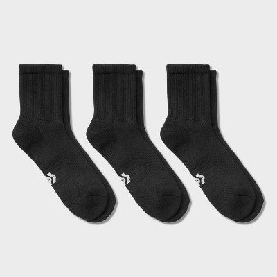 Men's 3pk Quarter Crew Socks - All In Motion Black 6-12: Recycled Polyester, Cushioned Heel & Toe