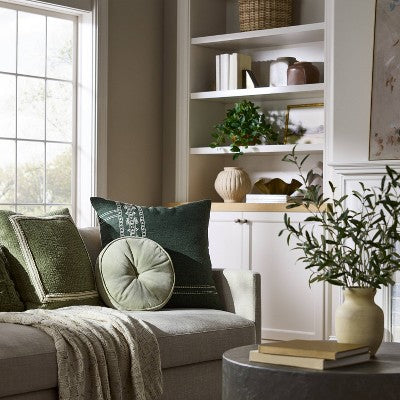 Embroidered Frame Square Throw Pillow Sage/Cream - Threshold designed with Studio McGee: Cotton-Blend, Indoor Decor, Zippered