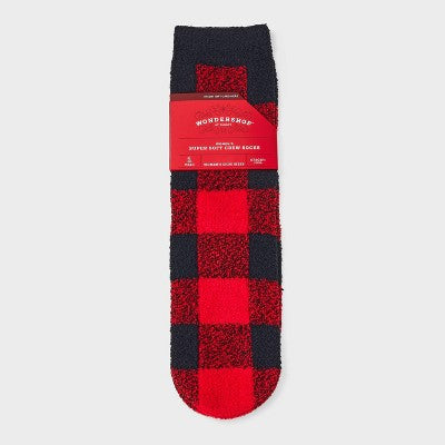 Women's Buffalo Plaid Cozy Christmas Crew Socks with Gift Card Holder - Wondershop Red/Black 4-10