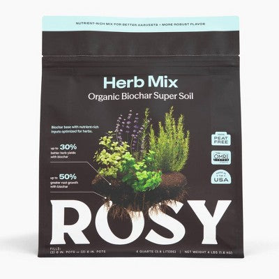 Rosy Soil 4qt Herb Mix Organic Potting Soil Blend for Indoor Plants: Enriched with Biochar, Worm Castings, Fast Draining, Peat Free
