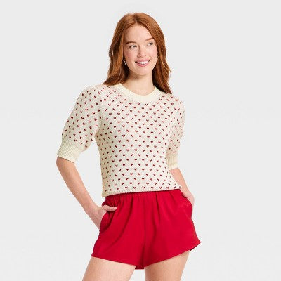 Women's Elbow Sleeve Hearts Crewneck Pullover Sweater L