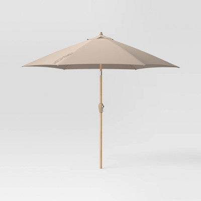 9' Round Outdoor Patio Market Umbrella with Faux Wood Pole - Threshold: Fade-Resistant, Crank Tilt (LOCAL PICKUP ONLY)