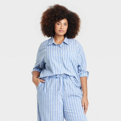 Women's Striped Cotton Blend Long Sleeve Pajama Shirt - Auden Light Blue 1X