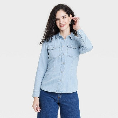 Women's Slim Fit Tailored Long Sleeve Western Denim Shirt - Universal Thread