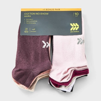 Women's Lightweight Everyday 10+1pk No Show Socks - All In Motion Natural/Rose - 4-10