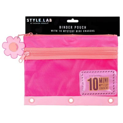 Style Lab Colorblocked Nylon and Mesh Binder Pouch with 10 Mini Erasers Pink