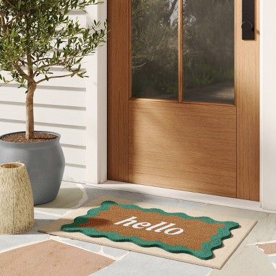 1'6"x2'6" Wavy Border Hello Flocked Outdoor Coir Doormat - Threshold (LOCAL PICKUP ONLY)
