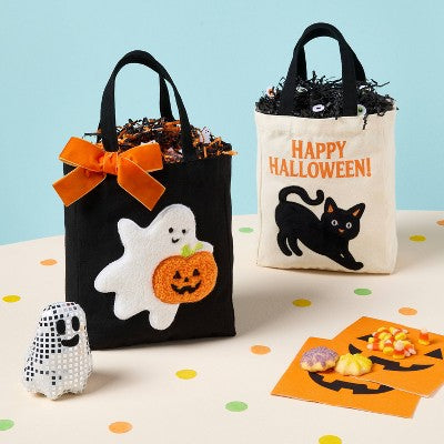 Small Halloween Ghost and Pumpkin Applique Canvas Tote Gift Bag with Bow Black/Orange/White - Spritz