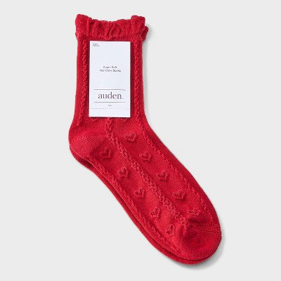 Women's Soft Ruffle Cuff Textured Hearts Valentine's Day Mid Crew Socks - Auden Red 4-10