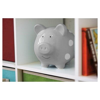 Pearhead Ceramic Piggy Bank - Gray with White Polka Dots: Decorative Ceramic, 7" Depth, 6.25" Height, 2.4 lbs.