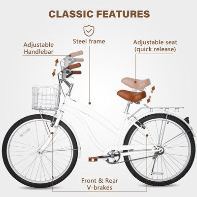 Hykolity 26 Inch Cruiser Beach Bike Commuter Bicycle for Adult Women Men City Bikes with Basket Comfort Saddle Rear Rack White (LOCAL PICKUP ONLY)