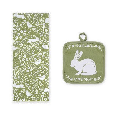 Potholder and Dishtowel Set White Pattern and Bunny - Bullseye's Playground