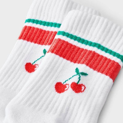 Women's Cherries Cushioned Ribbed 2pk Mid Crew Socks - White/Heather Gray/Coral 4-10