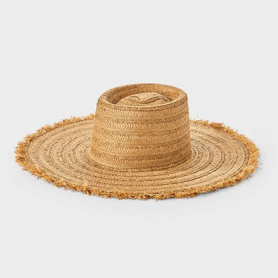 Straw Fringe Wide Brim Boater Hat - A New Day Natural L/XL